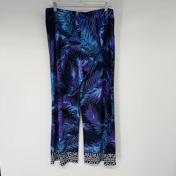 Susan Graver Liquid Knit Wide Leg Pants Womens L Blue Purple Palm High Rise Crop - Picture 1 of 6
